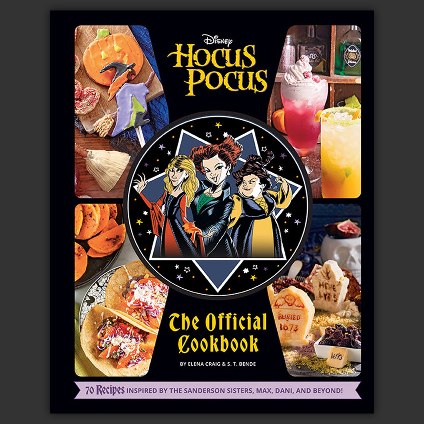 Hocus Pocus cookbook cover with Sanderson Sisters illustration and Halloween-themed images.