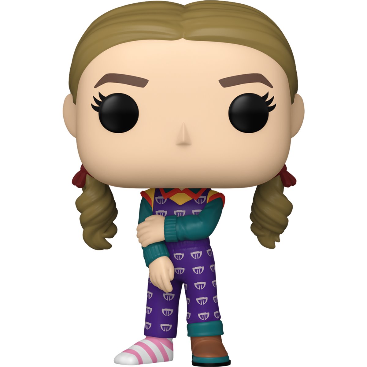 A bobblehead figure depicting Holly Wheeler from the TV series Stranger Things, against a white background. She is wearing a purple jumpsuit, with one brown shoe and one pink and white striped sock.