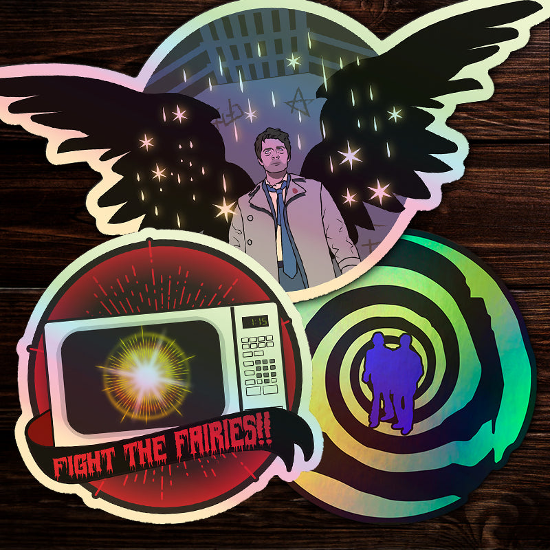 Set of three holographic stickers themed around the TV series Supernatural.