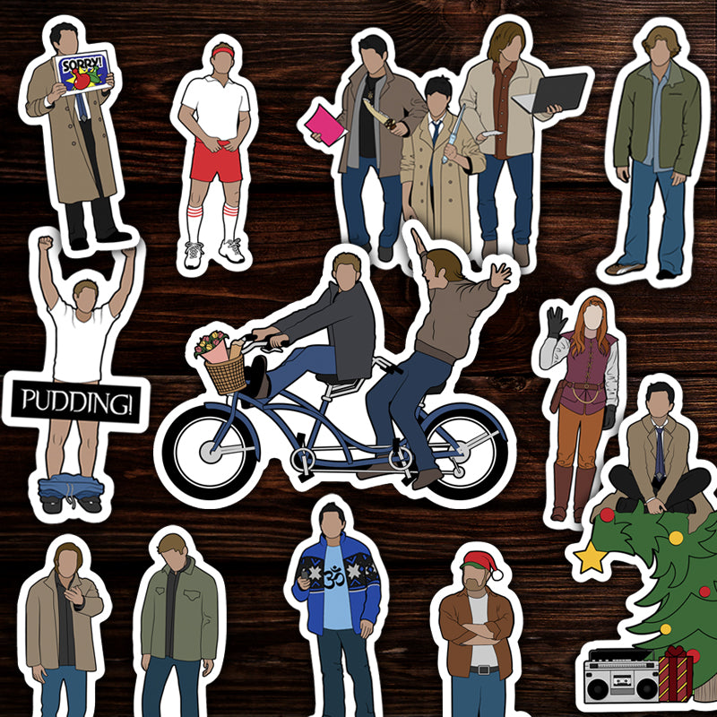 A collection of stickers based around the series Supernatural, on a wooden background.