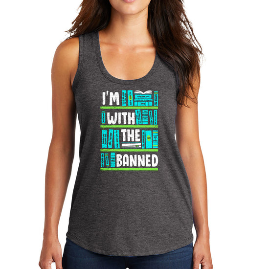 A female model wearing a grey tank top. There are four green bookshelves with light blue book spines covering each. The words "I'm With The Banned" are spread out across the four bookshelves in white text.