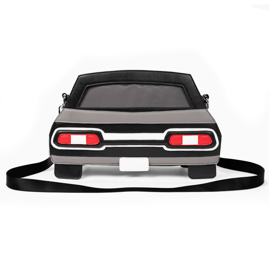A black handbag shaped like the front of a 1967 Chevy Impala, on a white background.