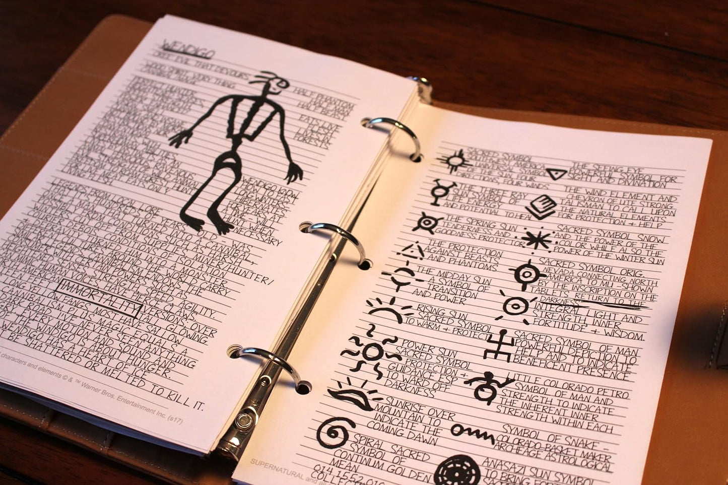 Close up view of lined paper in a brown leather journal. Across the pages are various symbols and their meanings. On the left side is a drawing of a Windigo with a description of the monster underneath.
