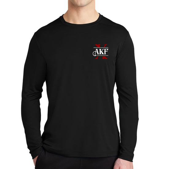 A male model wearing a black athletic pullover hoodie, with the letters "AKF" printed on one side of the chest in bold, dark grey font. 