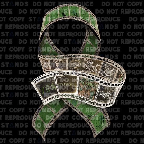 A large ribbon made of film cels on a black background. In front of the ribbon is a coiled film strip with images of various Always Keep Fighting designs in the cels.