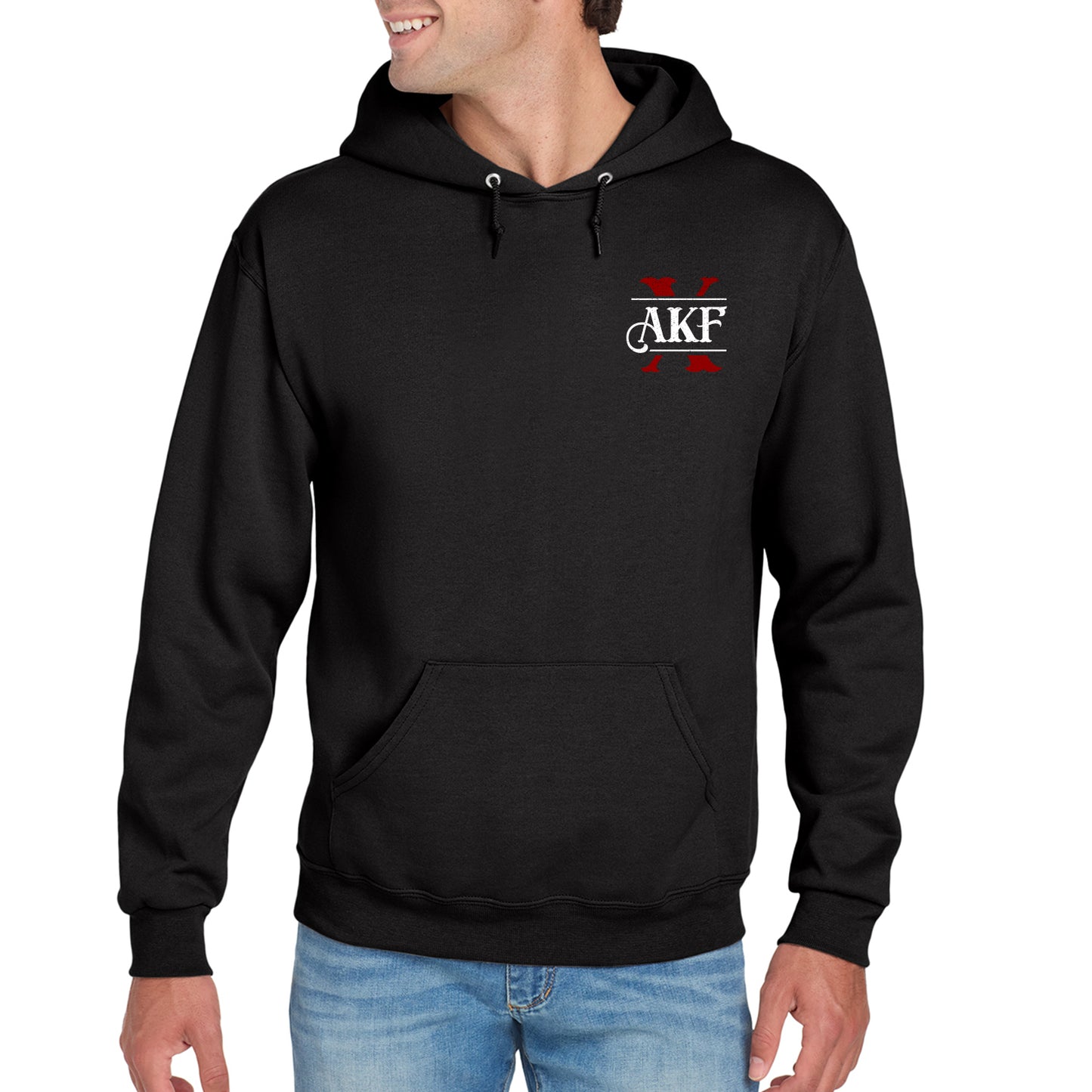 A male model wearing a black hooded sweatshirt. On the left side is a large red X, with AKF in white above it.