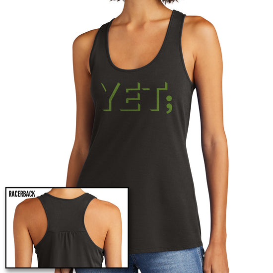Two images of a female model wearing a dark grey racerback tank top. The front has green block text spelling out "YT" with a semicolon at the end.