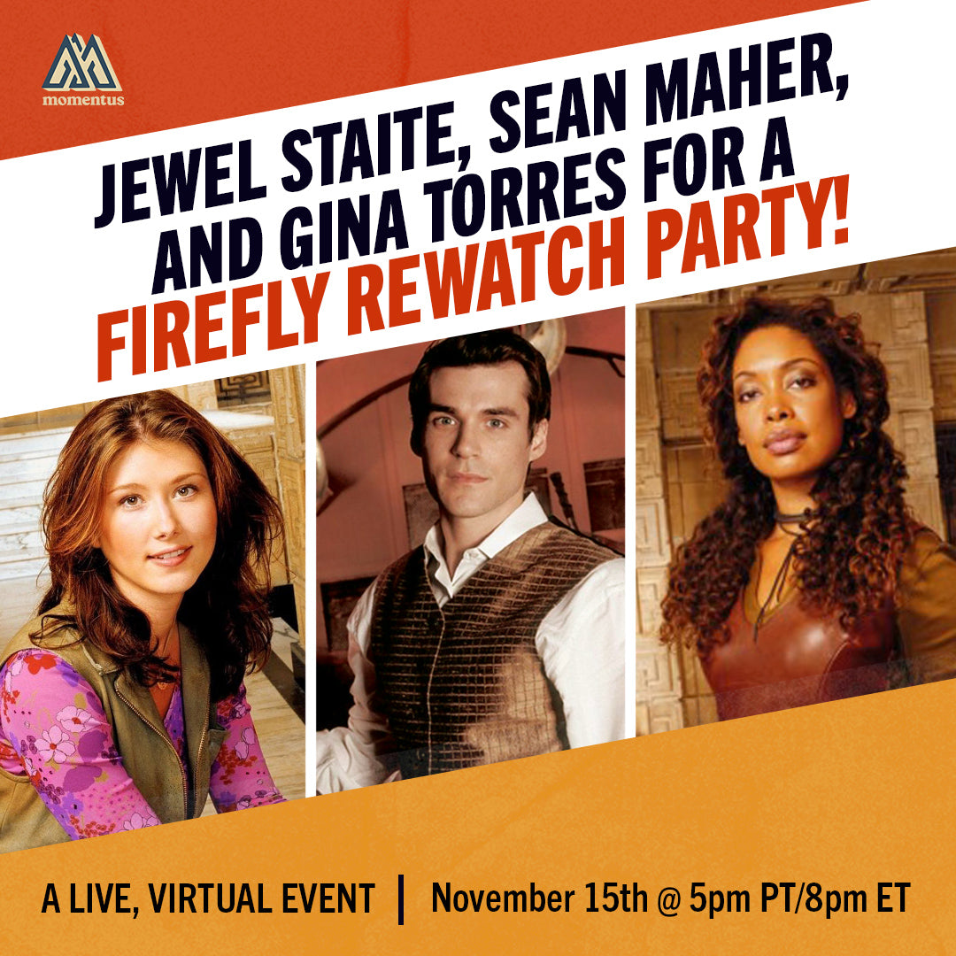 Promotional graphic for a live virtual event titled 'Jewel Staite, Sean Maher, and Gina Torres for a Firefly Rewatch Party!' with the Mountain Dew logo in the top left corner. The design features three portrait photos of the cast members on a white and orange background with text indicating the event is live, virtual, and scheduled for November 15th at 10am PT/1pm ET.