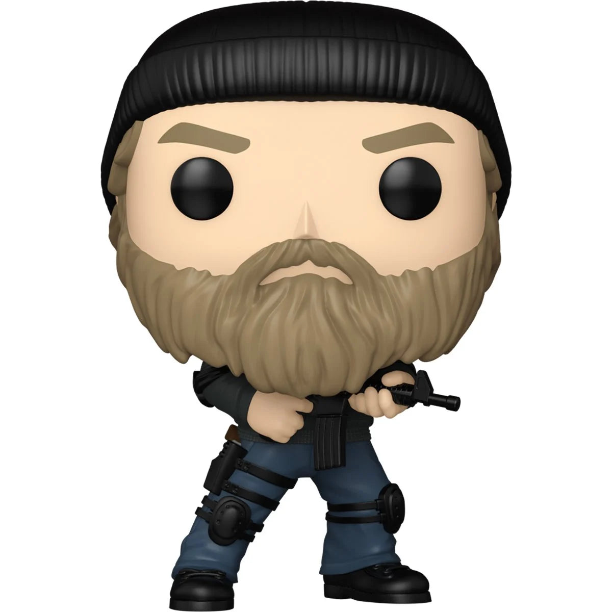 A bobblehead figure depicting Jim Hopper from the TV series Stranger Things, against a white background. He is wearing black tactical military gear with a black beanie, and carrying a rifle.