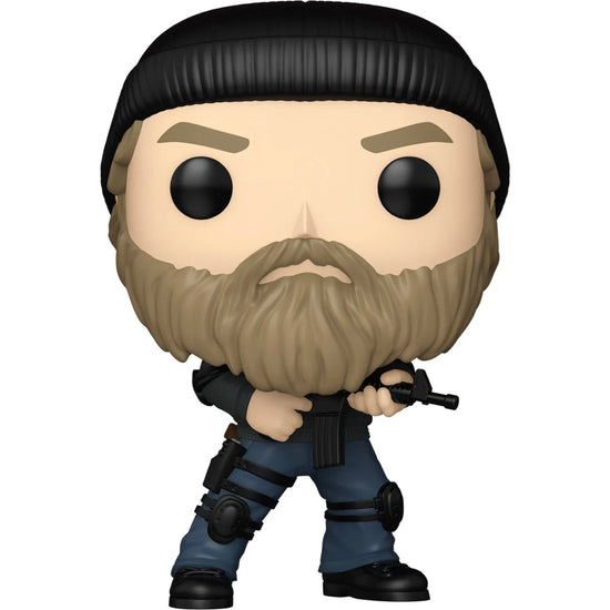 A bobblehead figure depicting Jim Hopper from the TV series Stranger Things, against a white background. He is wearing black tactical military gear with a black beanie, and carrying a rifle.