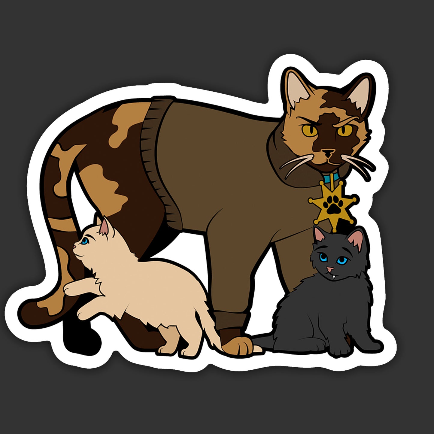 Illustration of a brown cat with two kittens on a dark background