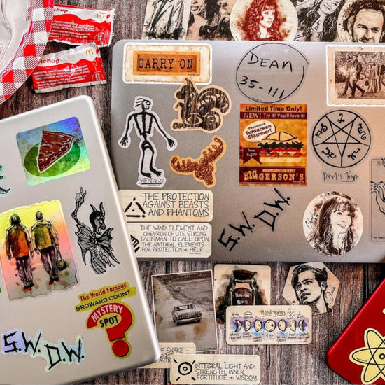 A collage of stickers depicting iconic images and characters from the TV series "Supernatural."