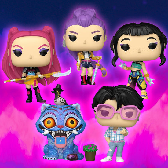 A collection of Funko Pop! figurines depicting the characters from the series "KPop Demon Hunters." The figures are in front of a a swirling purple background.