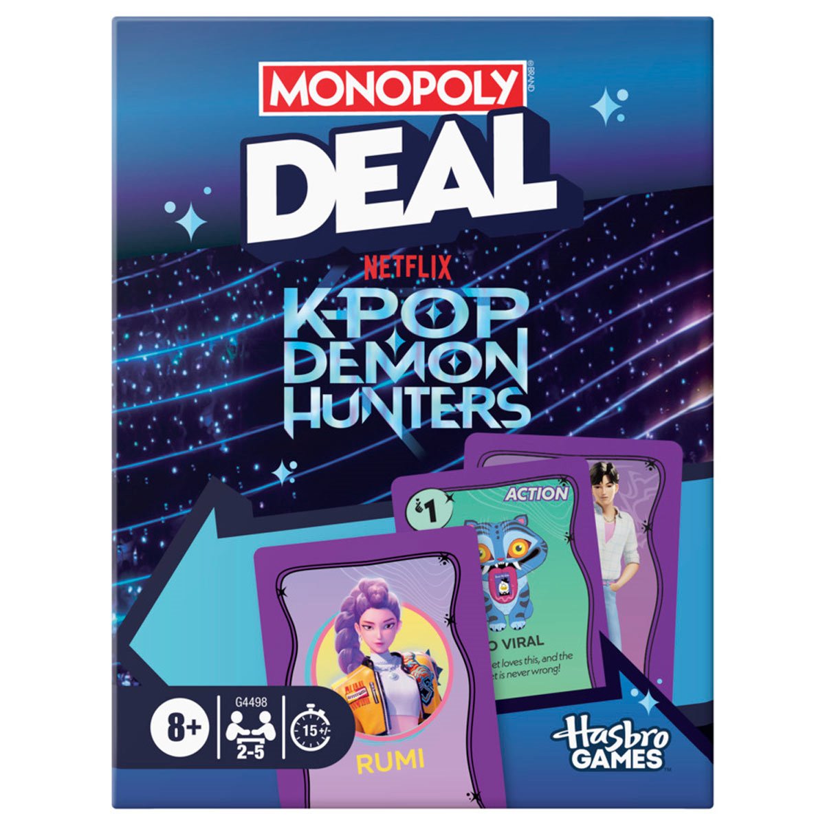 Monopoly Deal Netflix K'Pop Demon Hunters game box with cards and branding.