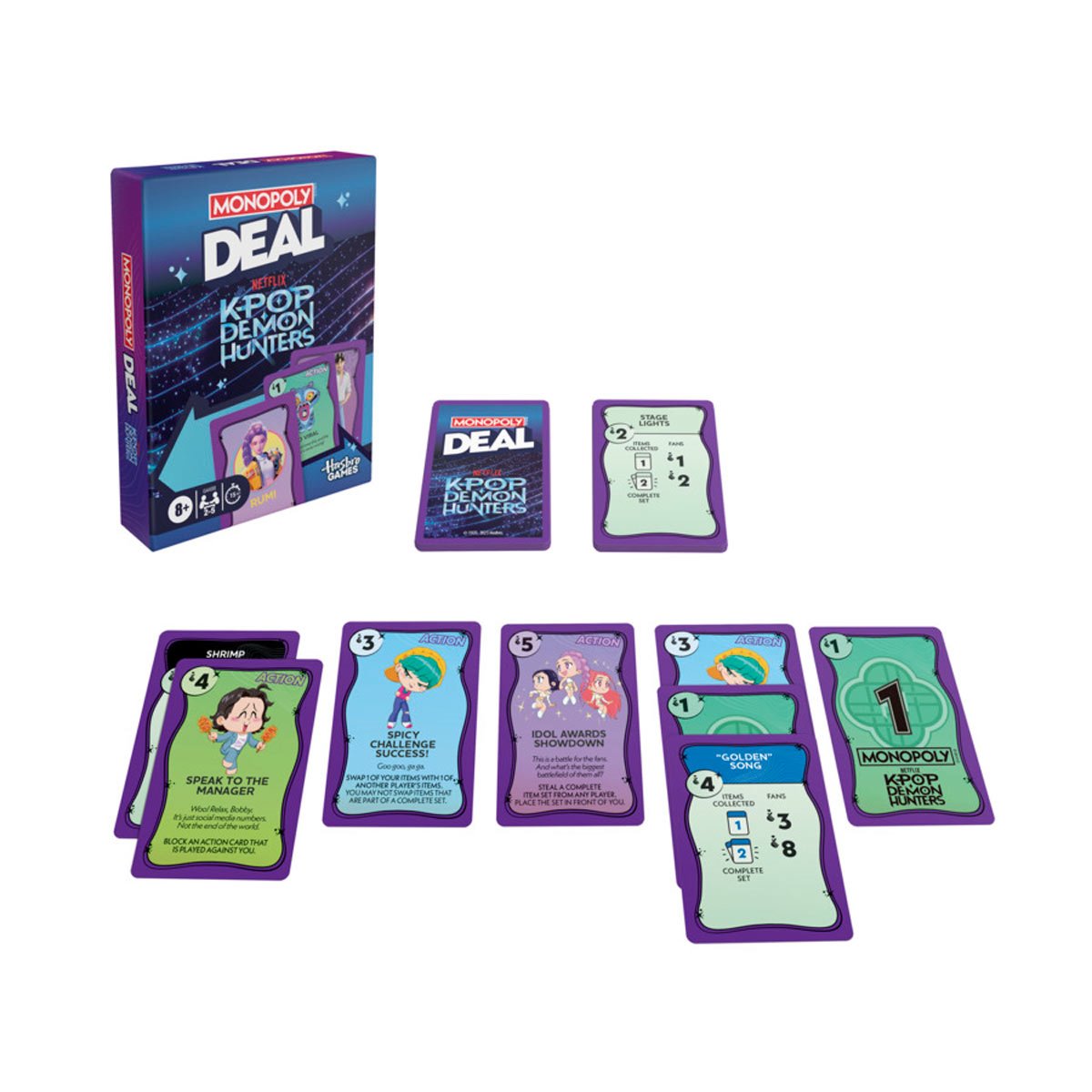 Monopoly Deal Kpop Demon Hunters card game set with packaging and cards on a white background