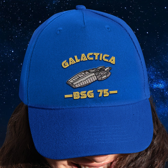 Blue cap with 'Galactica' and 'BSG 75' text against a starry space background