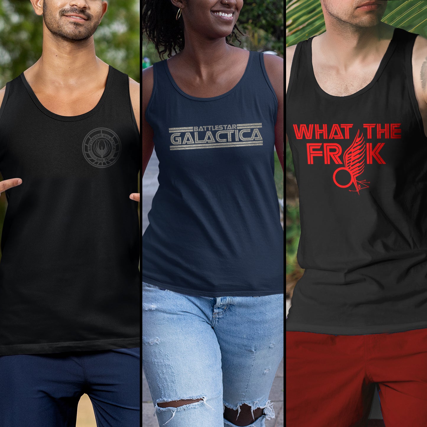 Three models wearing Battlestar Galactica-themed tank  tops