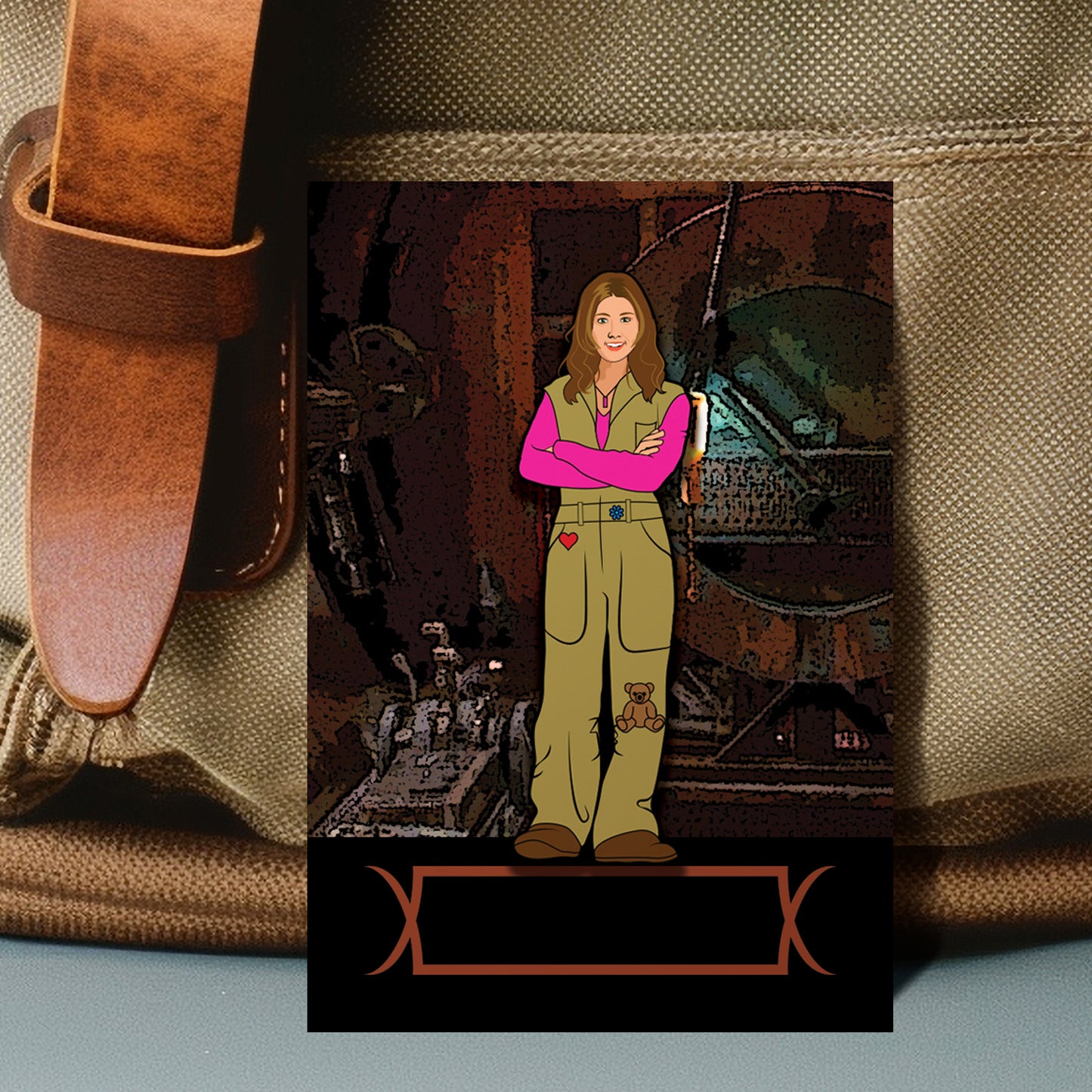 An enamel pin depicting Kaylee Frye against an engine room