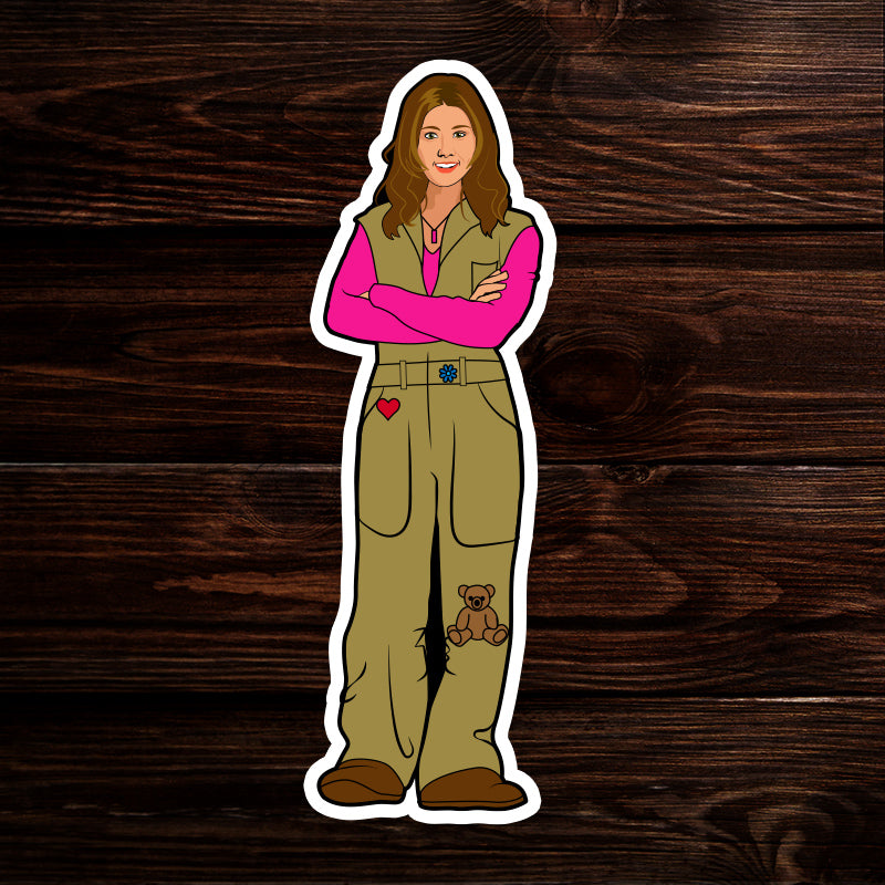 A sticker depicting Kaylee Free from "Firefly" on a wooden background