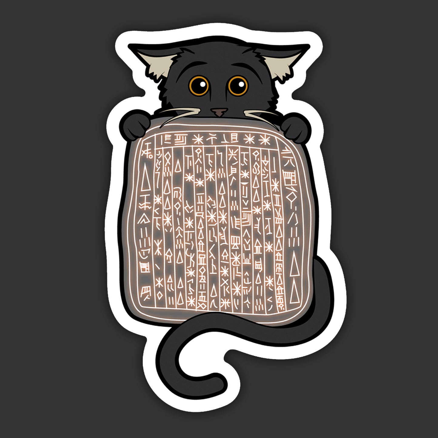 Illustration of a cat holding a tablet with ancient text on a dark background