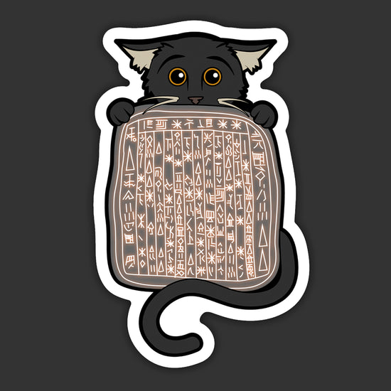 Illustration of a cat holding a tablet with ancient text on a dark background