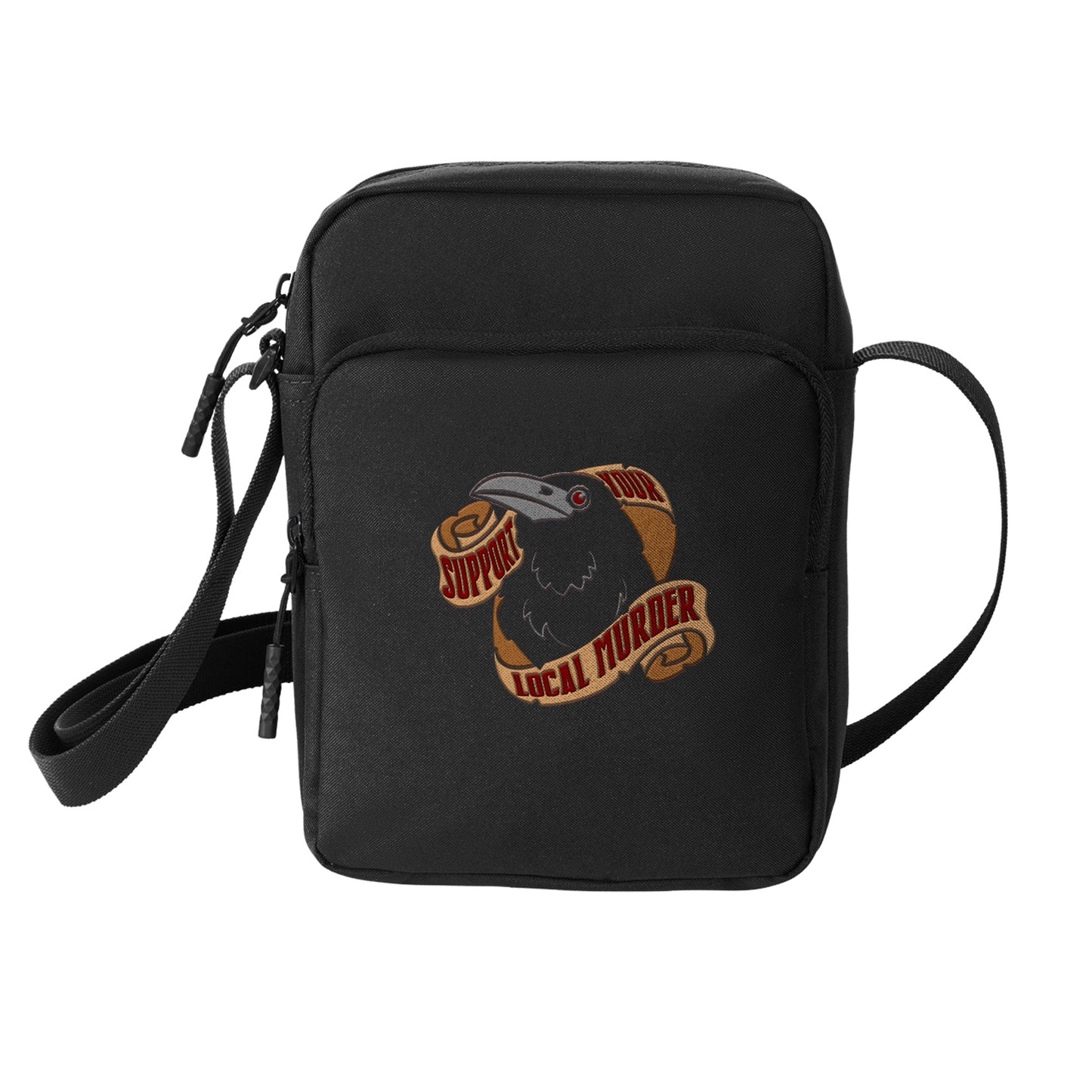 A black cross-body bag against a white background. On the front is a black crow with red eyes, with gold paper scrolls above and below. Red text says "support your local murder."