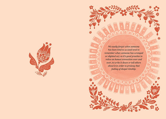 A cream and orange colored two page spread from the book. On the left is a dark orange depiction of a flower. On the right is a pattern similar to a sunrise. In the center is black text discussion the importance of honest connections.