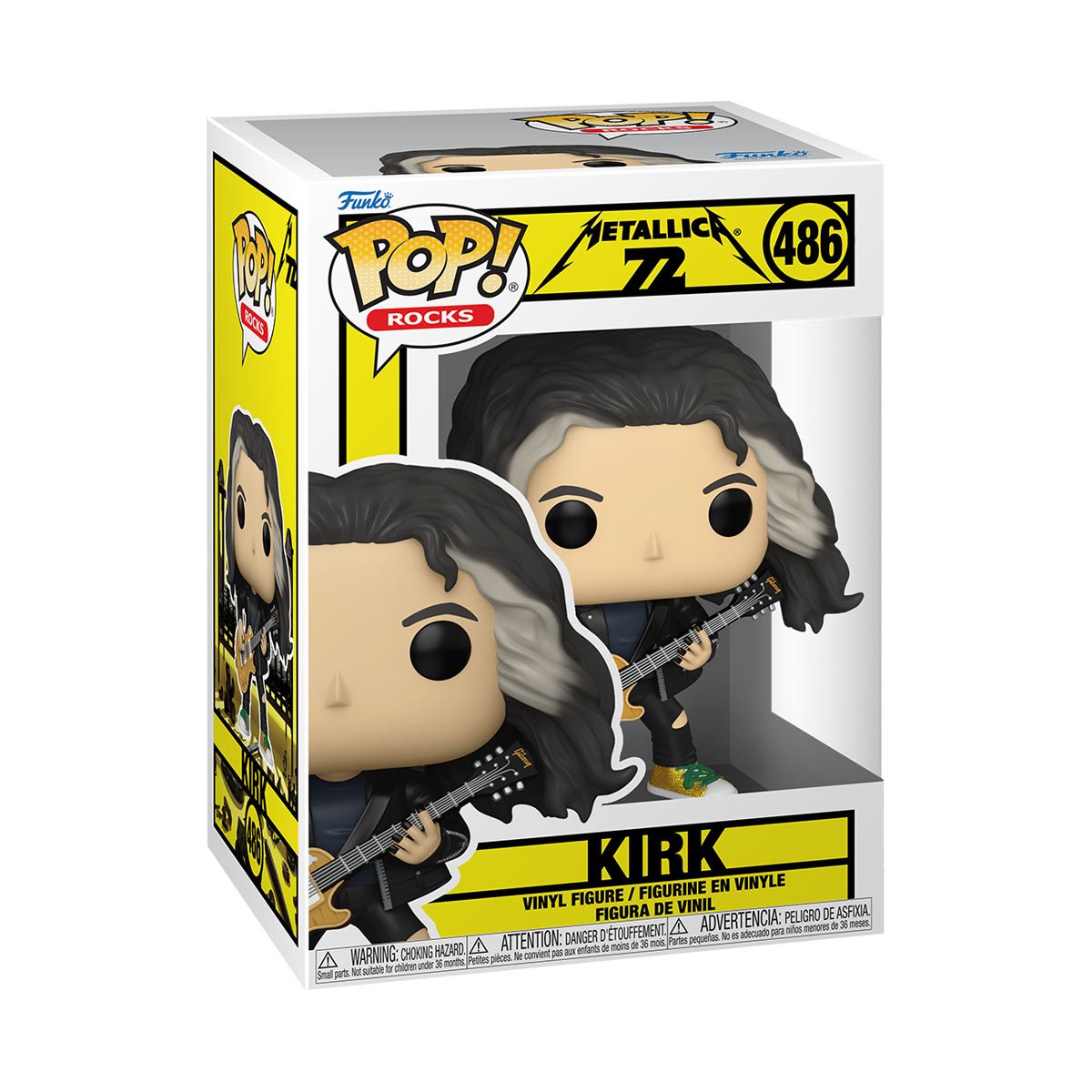 A cardboard box with a transparent front, containing a bobblehead figure depicting Kirk Hammett from the band Metallica. Kirk is holding a gold guitar, and has one gold and one silver shoe.