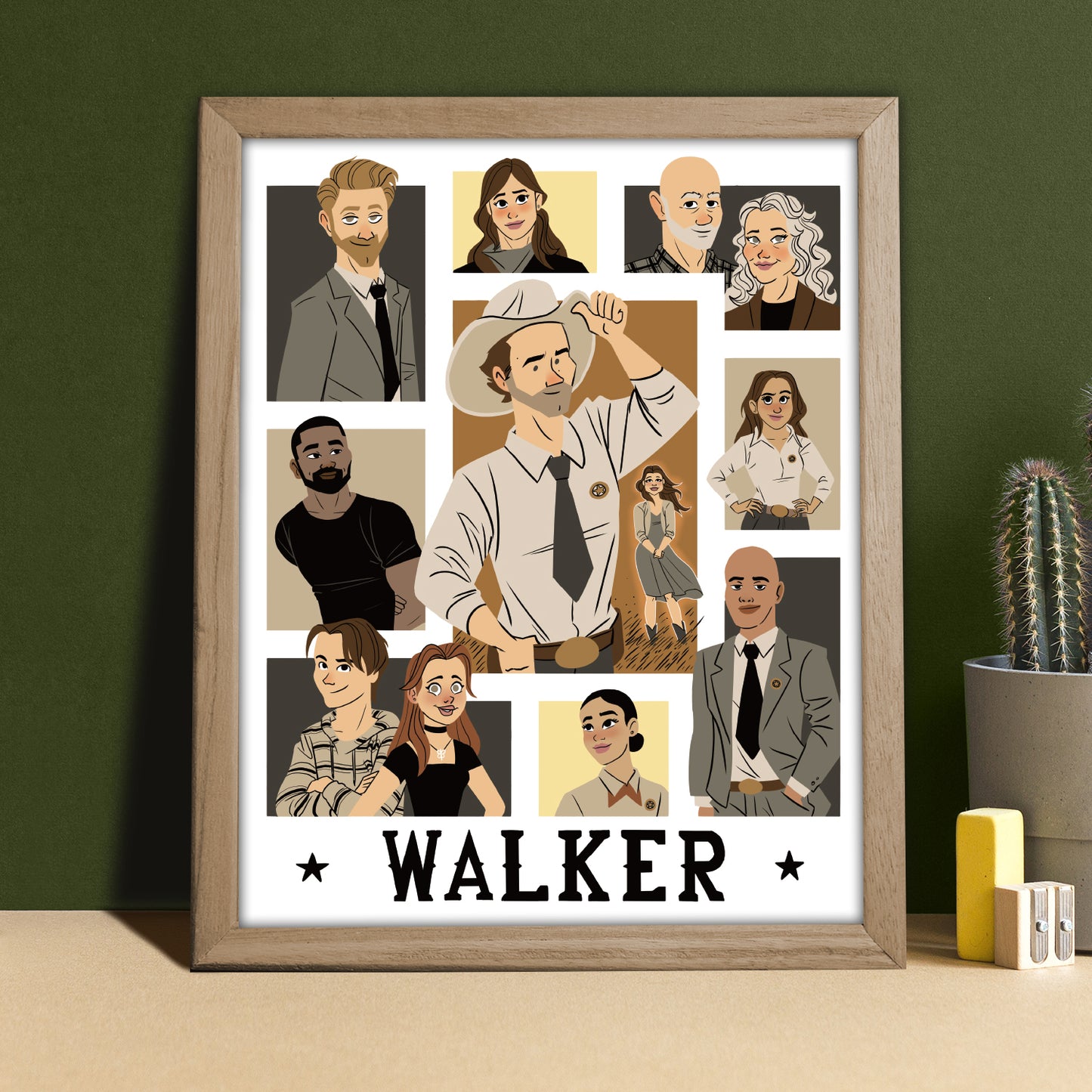 A framed print, against a dark green wall. The print depicts cartoon-style drawings of characters from the series "Walker." Black text at the bottom of the print says "Walker." Next to the framed print is a potted cactus, an eraser, and a pencil sharpener.