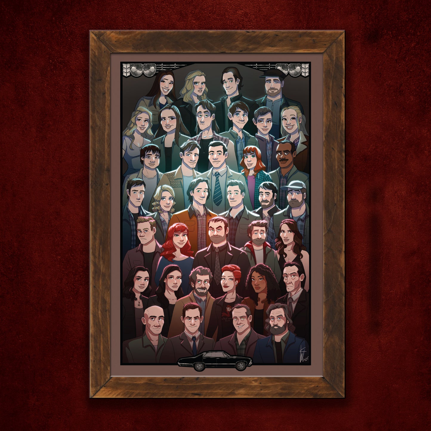 A framed lithograph on a red wall. The lithograph depicts drawings of many characters from the TV series "Supernatural."