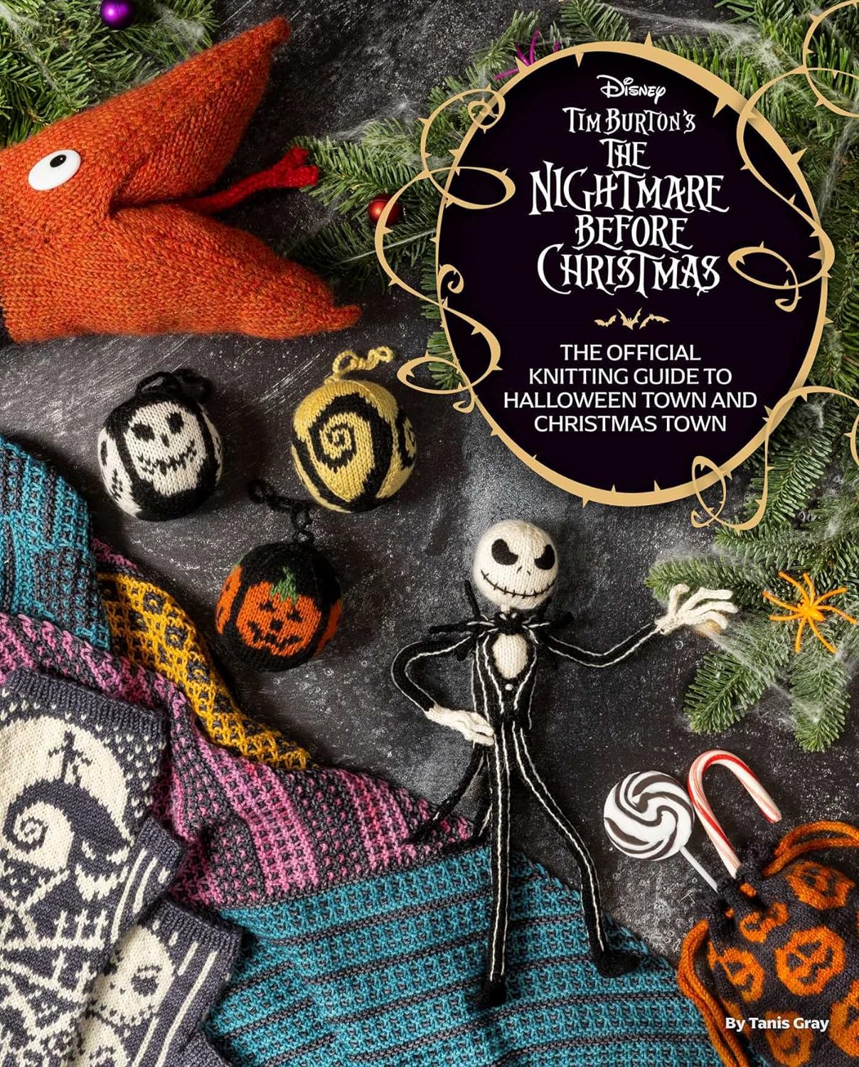 Load image into Gallery viewer, An image of a book cover. On the top right corner of the cover is a black oval, with white text saying &amp;quot;Tim Burton&amp;#39;s The Nightmare before chrsitmas: the official knitting guide to halloween town and christmas town.&amp;quot; On the cover are various knitting projects depicting characters from the film The nightmare before christmas.
