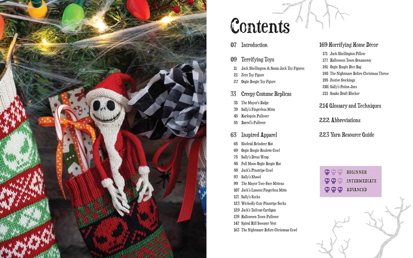 A two-page spread from the book. On the left are christmas stockings, decorated with halloween images. A knit figure of Jack Skellington dressed as santa claus sits in one stocking. On the right is the book's table of contents.