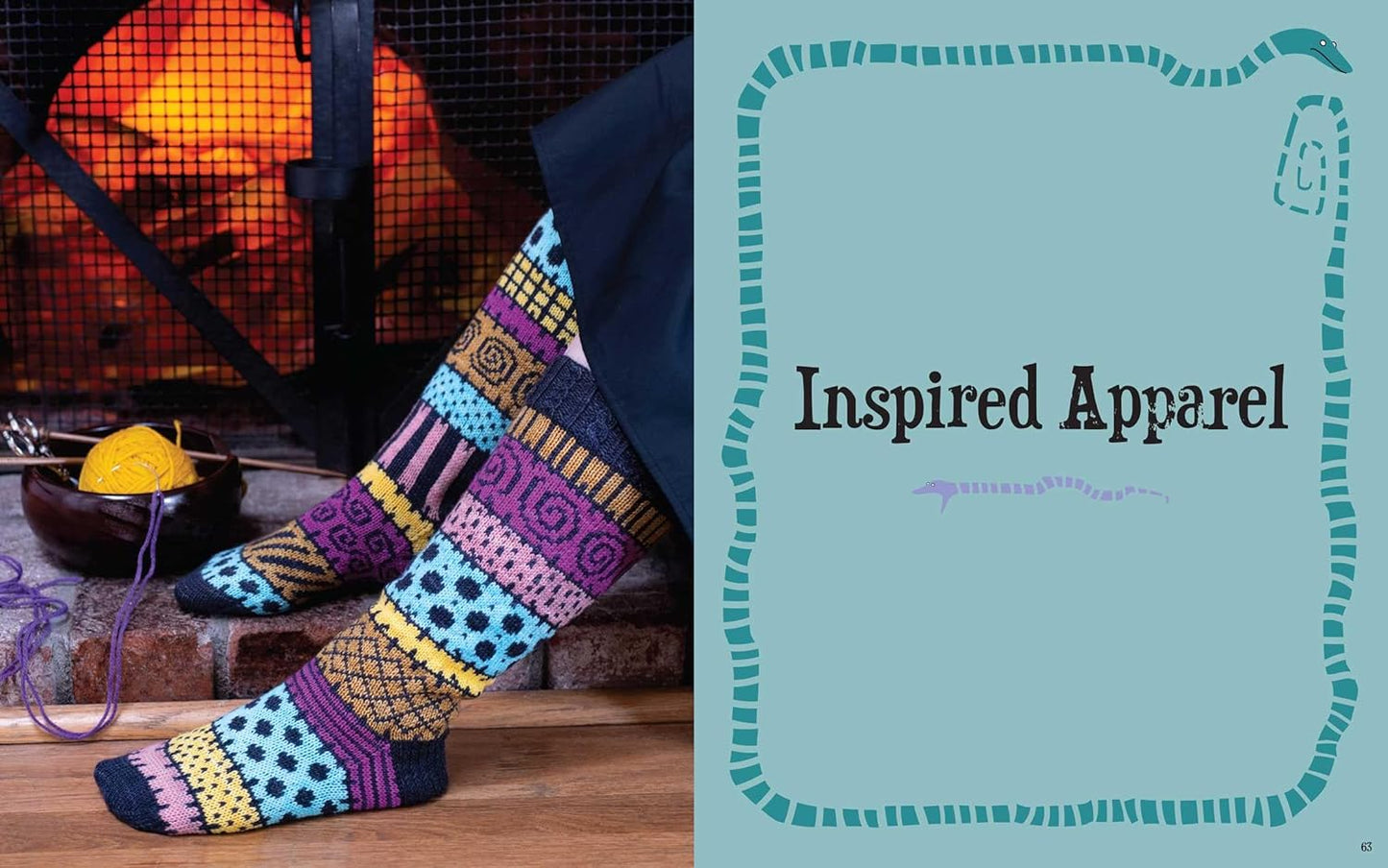 Load image into Gallery viewer, A two-page spread from the book. On the left are a pair of feet wearing multi-colored knit socks. Behind the feet is a bowl with a ball of yellow yarn, with a fireplace in the background. On the right is a blue page with black text saying &amp;quot;inspired apparel.&amp;quot; Under the text is a drawing of a purple snake.
