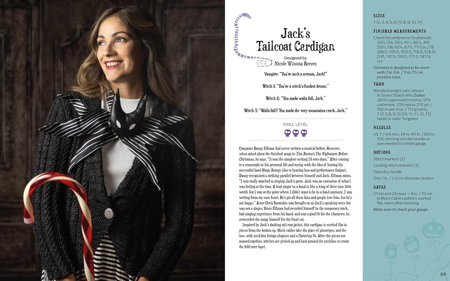 A two-page spread from the book. On the left is a woman dressed in a black cardigan sweater with a black and white mask on the front. On the right are instructions for knitting Jack's Tailcoat Cardigan.