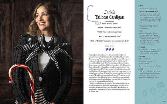 Load image into Gallery viewer, A two-page spread from the book. On the left is a woman dressed in a black cardigan sweater with a black and white mask on the front. On the right are instructions for knitting Jack&amp;#39;s Tailcoat Cardigan.
