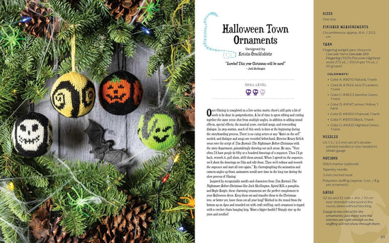 A two-page spread from the book. On the left are halloween-themed christmas ornaments, hanging in a green weeath against a wooden wall. On the right are instructions for knitting Halloween Town ornaments.