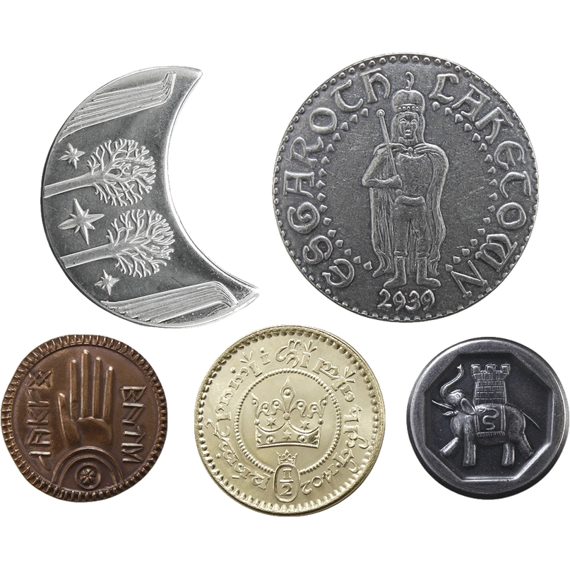 Load image into Gallery viewer, A set of five coins from the Lord of the Rings, on a white background. The coins depict various elements from the Lord of the Rings stories.
