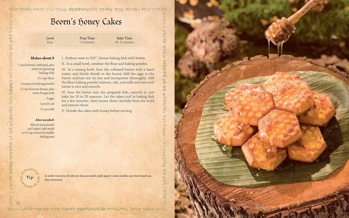 A two-page spread from the book. On the left is a parchment-colored page, with a recipe for "Beorn's Honey Cakes" in black text. On the right is an pile of honeycomb-shaped cakes on a wide green leaf, on top of a tree stump. Above the cakes is a wooden honey spoon, with golden honey dripping off it.