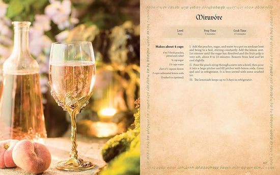 A two-page spread from the book. On the left is a wine glass with an ornate golden stem, filled with a pink beverage. Behind the glass is a tall decanter with the same pink beverage in it, next to a peach cut in half. In the background is a forest. On the right is a parchment-colored page, with a recipe for Miruvóre in black text.