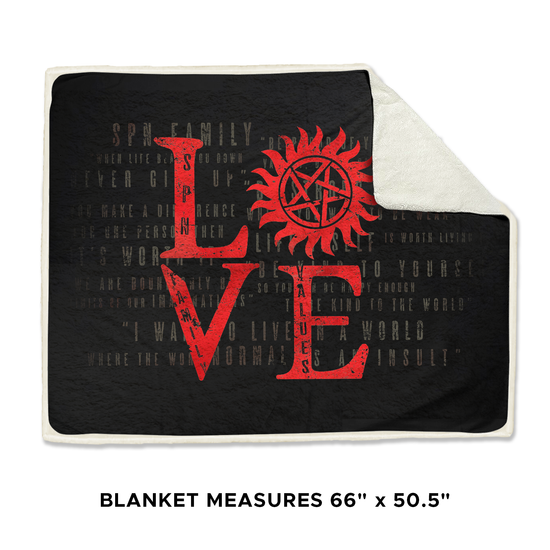 A black blanket with a white border, against a white background. On the blanket is the word "love" in red, with the "O" replaced by the anti-possession symbol. Black text at the bottom shows the blanket's measurements, 66 inches by 50 and a half inches.