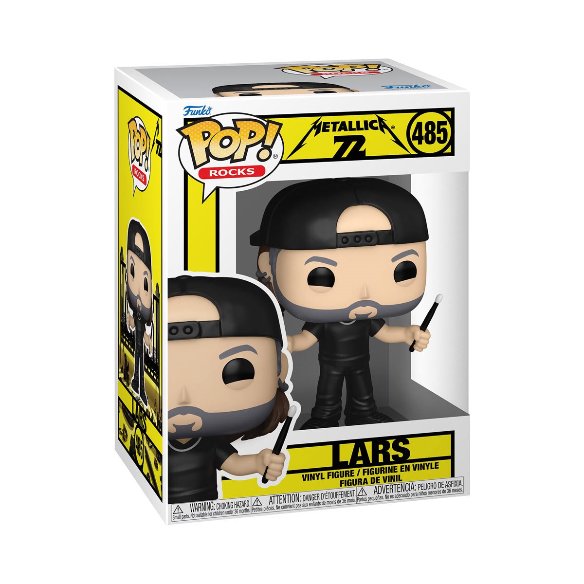 A cardboard box with a transparent front, containing a bobblehead figure depicting Lars Ulrich from the band Metallica. Lars is holding a pair of black drumstocks, and is wearing a backward black baseball hat.
