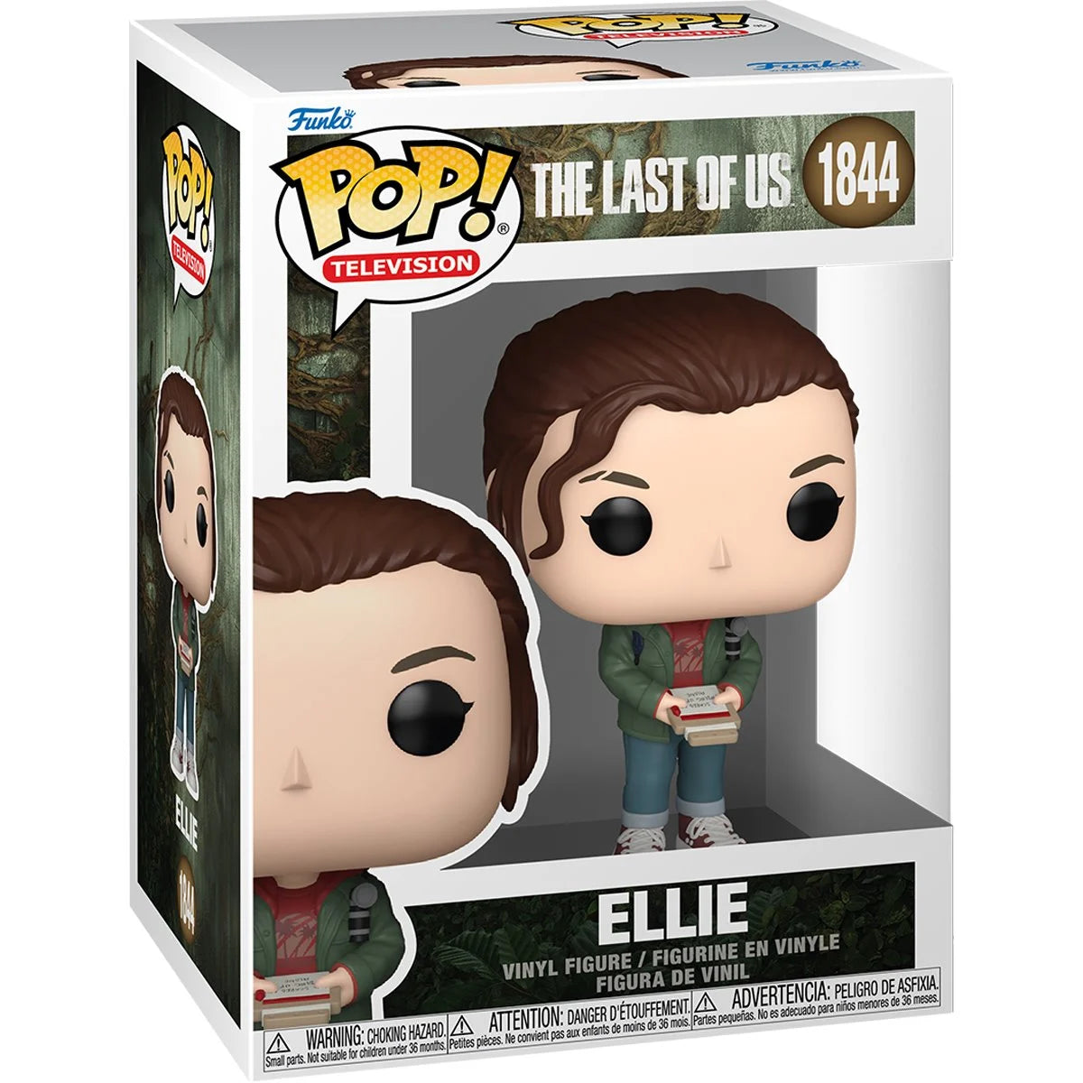 A cardboard box with a transparent front, containing a bobblehead figure depicting the character Ellie from the TV series The Last of Us.