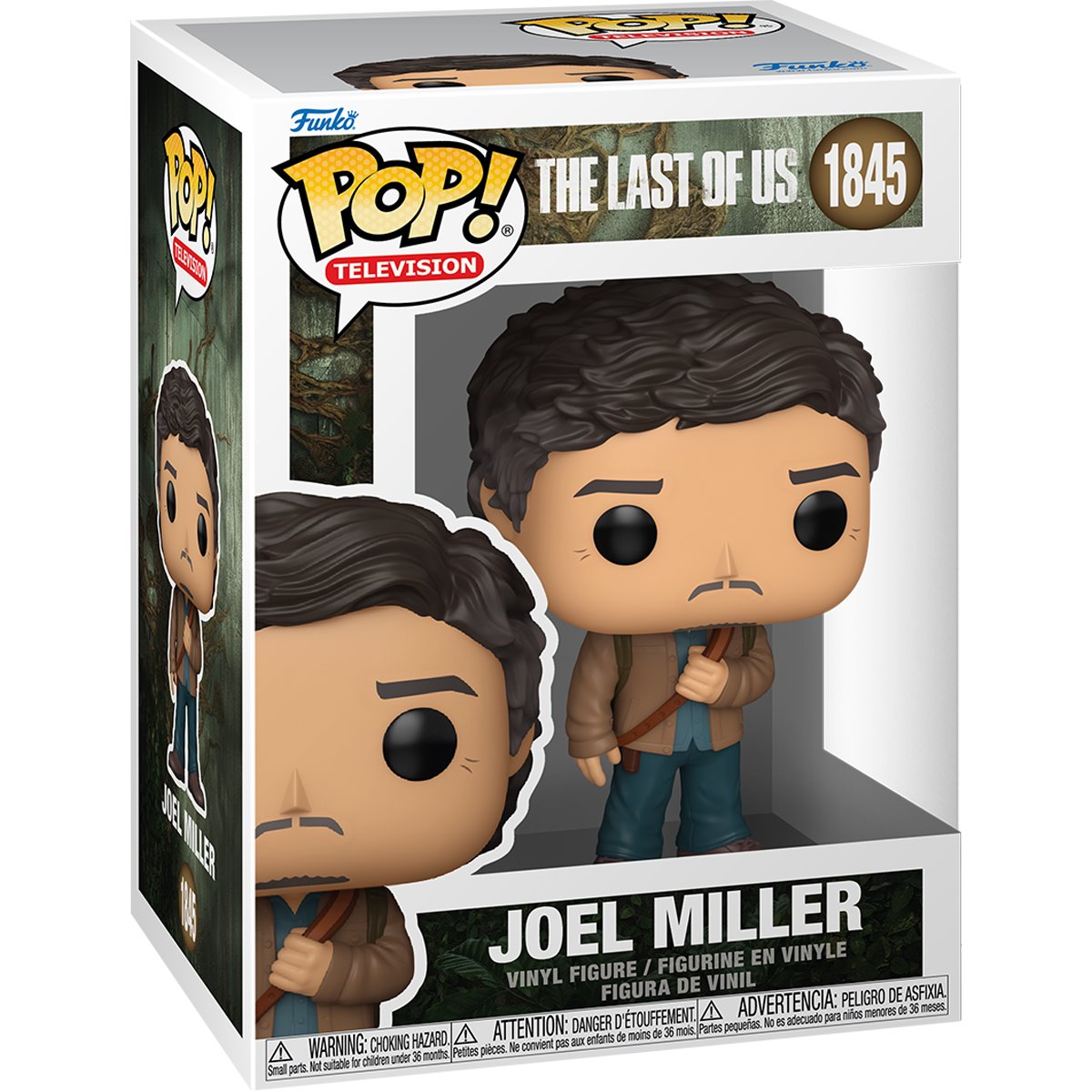A cardboard box with a transparent front, containing a bobblehead figure depicting the character Joel from the TV series The Last of Us.