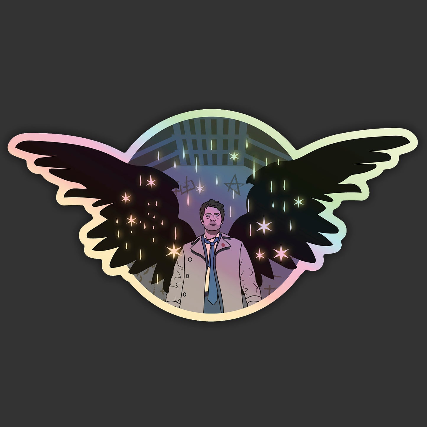 A holographic sticker depicting Castiel with his wings spread.