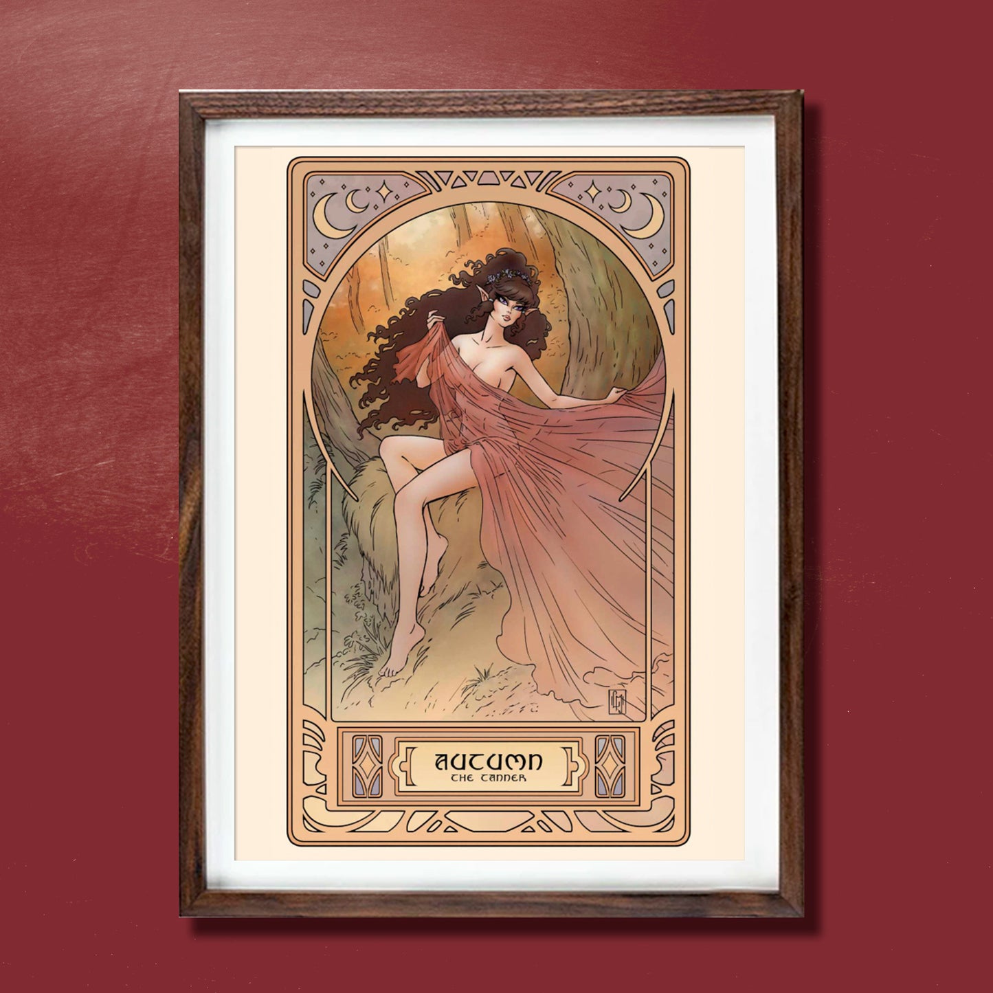 An Art Nouveau style lithograph depicting a female character from the ElfQuest series. At the bottom is a banner saying "Autumn, the Tanner."