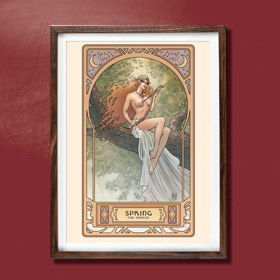 An Art Nouveau style lithograph depicting a female character from the ElfQuest series. At the bottom is a banner saying "Spring, the Hunter."