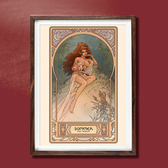 An Art Nouveau style lithograph depicting a female character from the ElfQuest series. At the bottom is a banner saying "Summer, the healer"