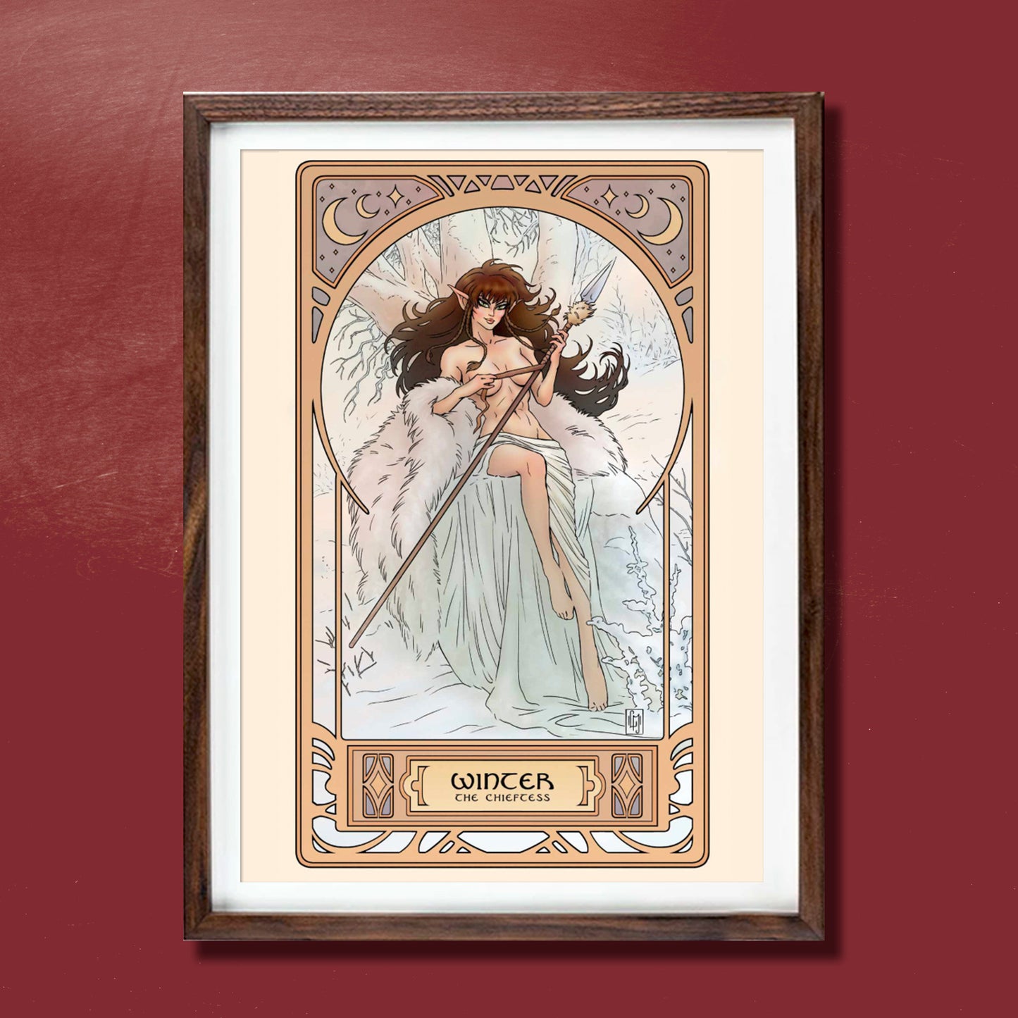 An Art Nouveau style lithograph depicting a female character from the ElfQuest series. At the bottom is a banner saying "Winter, the Chieftess."