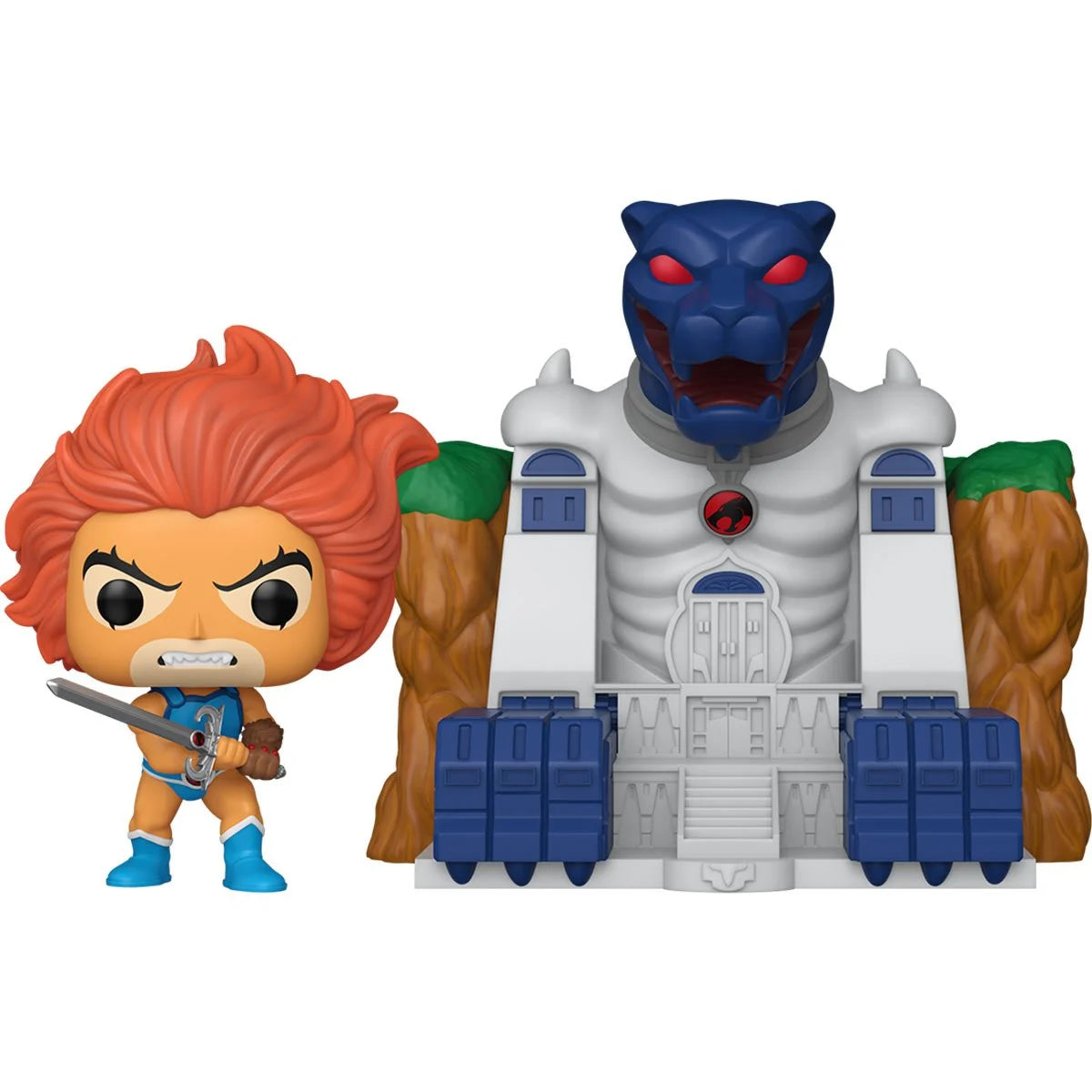 A bobblehead figure depicting the character Lion-O from the cartoon series Thundercats, standing next to the Cat's Lair fortress.