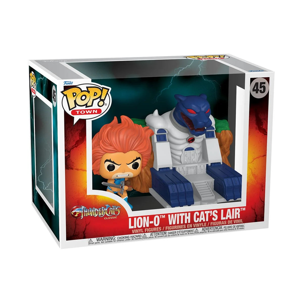 A cardboard box with a transparent front, containing a bobblehead figure depicting the character Lion-O from the cartoon series Thundercats, standing next to the Cat's Lair fortress.